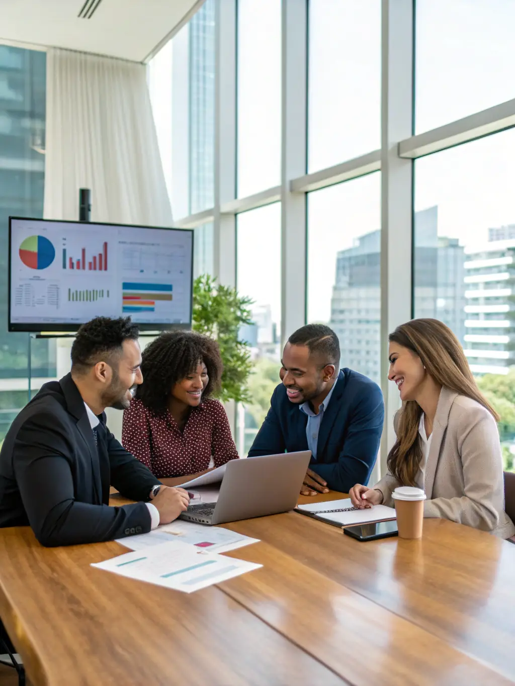 A group of business professionals collaborating around a table, discussing a case study.