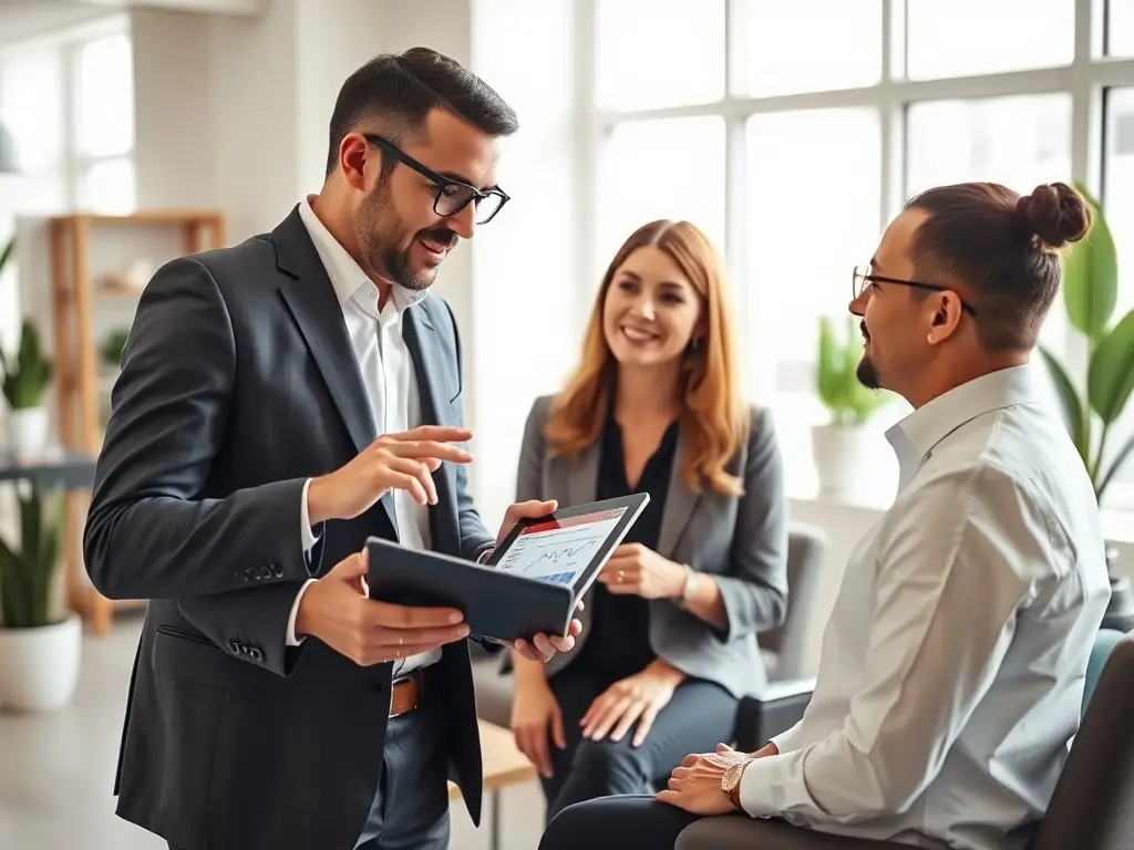 A professional consultant advising a small business owner on investment options, with charts and graphs displayed on a screen in the background.