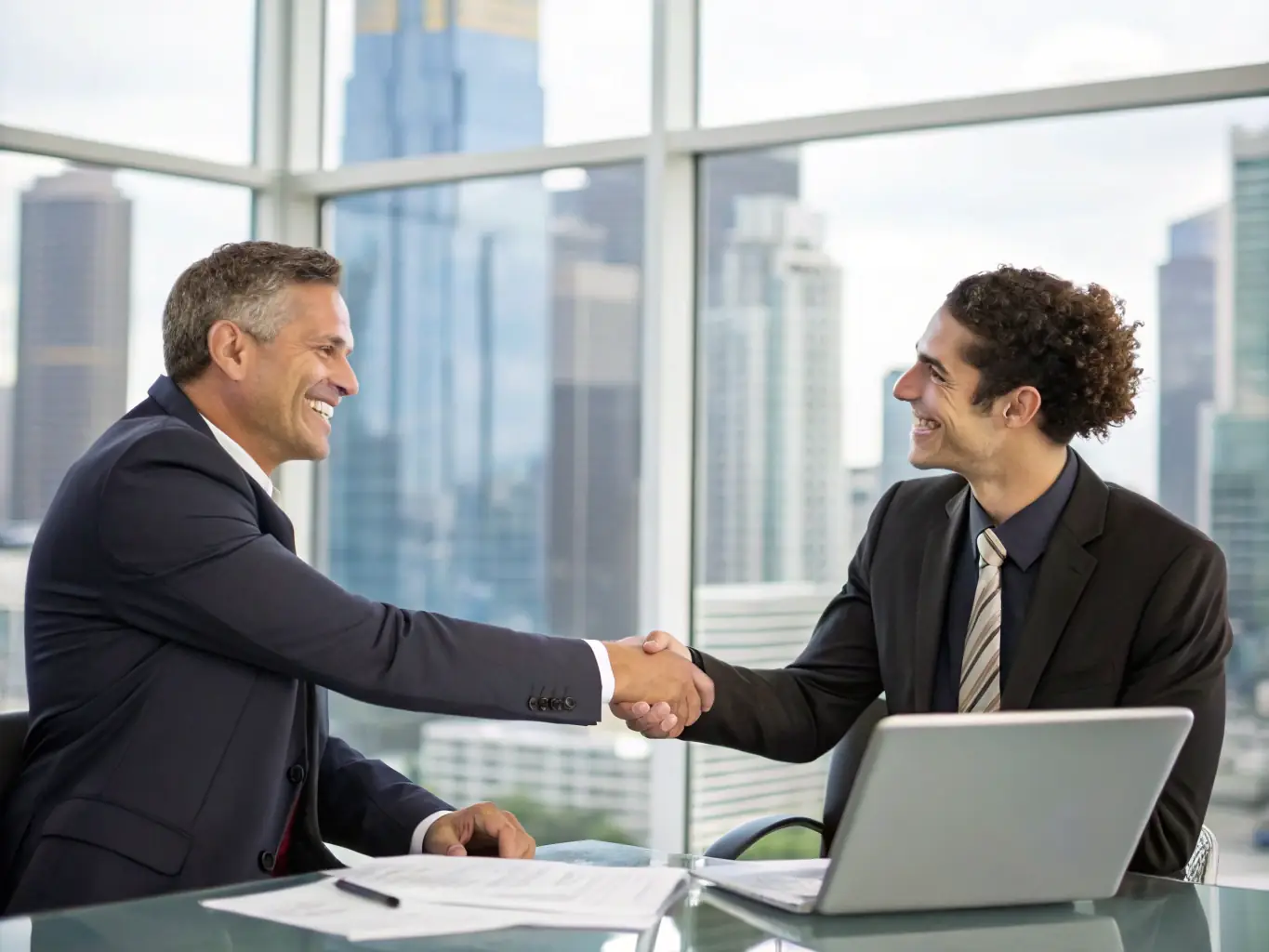 A small business owner shaking hands with a financial advisor after securing funding, in front of a modern office building.