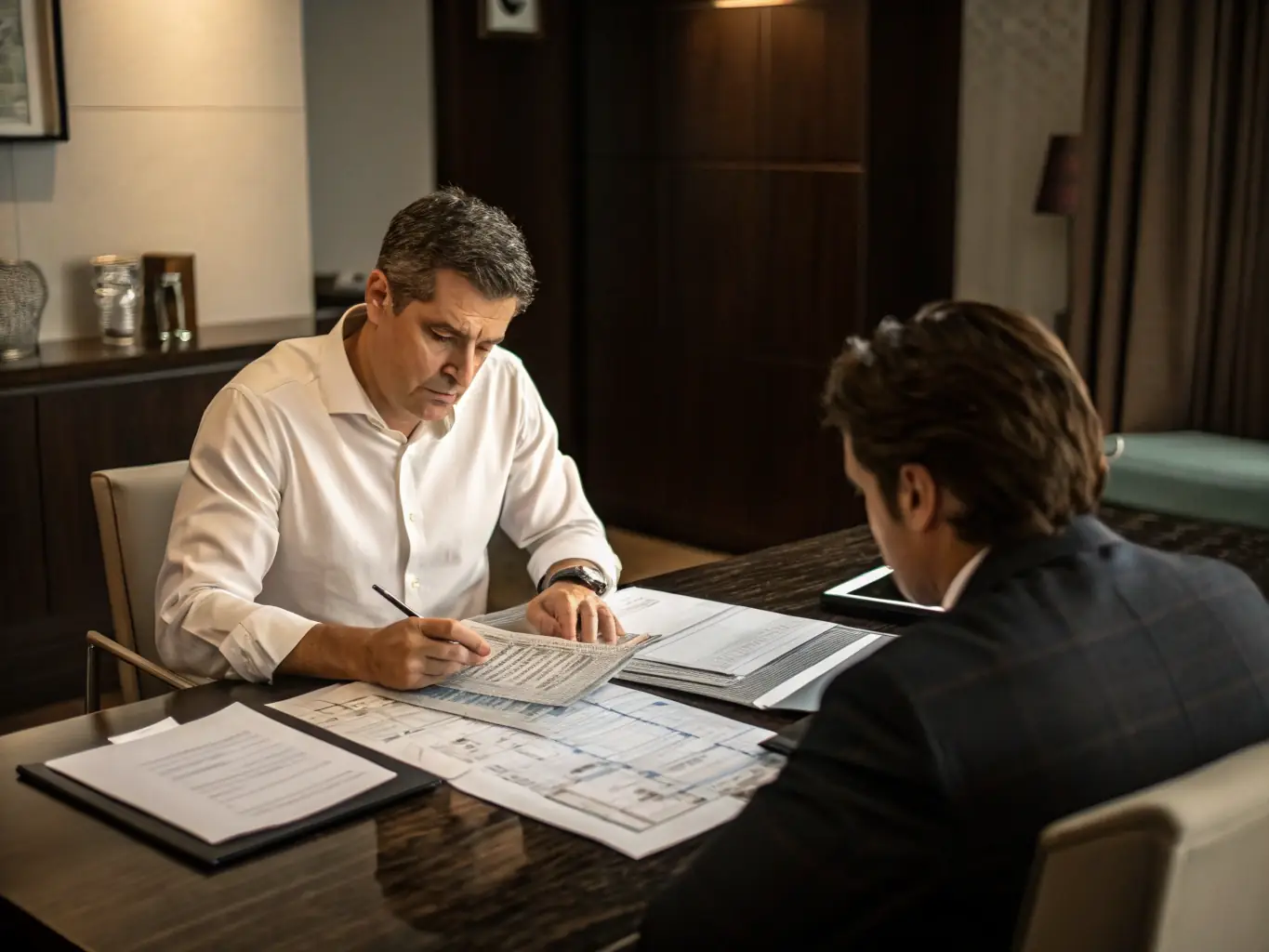 A financial planner working with a small business owner to create a long-term financial plan, with a focus on retirement and wealth management.