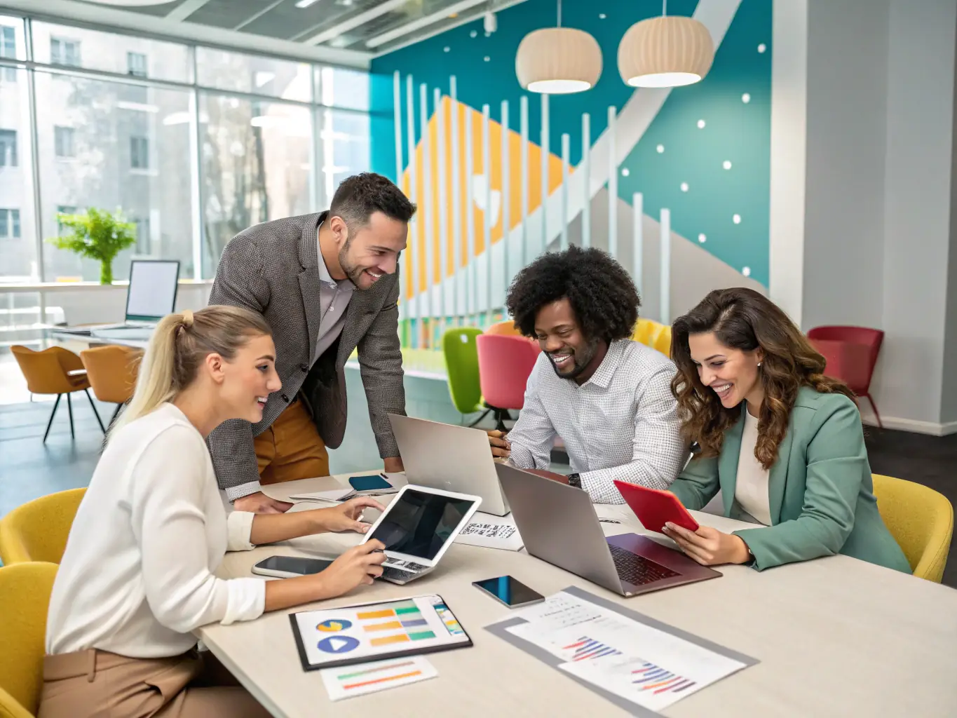 A team of consultants discussing financial projections with a small business owner in a bright, modern office, using tablets and laptops.