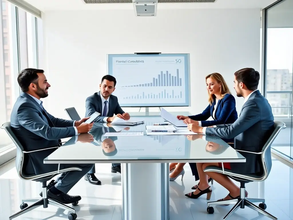 A team of financial advisors collaborating on growth capital solutions for a small business, with blueprints and financial models on the table.