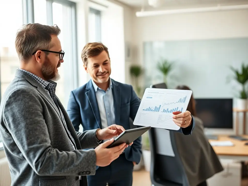 An image of a small business owner reviewing financial charts with a consultant, both smiling and pointing at the charts, in a modern office setting.